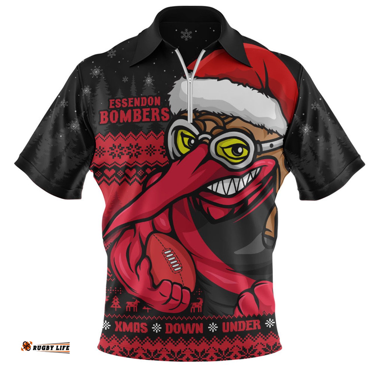 Essendon Merry Christmas Down Under Footy Power Style Zip Polo Shirt