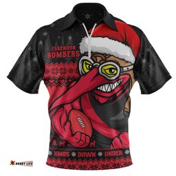 Essendon Merry Christmas Down Under Footy Power Style Zip Polo Shirt