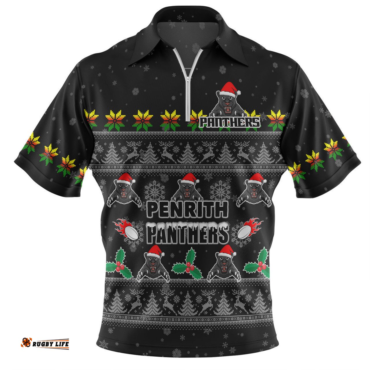 Penrith Panthers Christmas Custom Zip Polo Shirt - Special Ugly Christmas Zip Polo Shirt