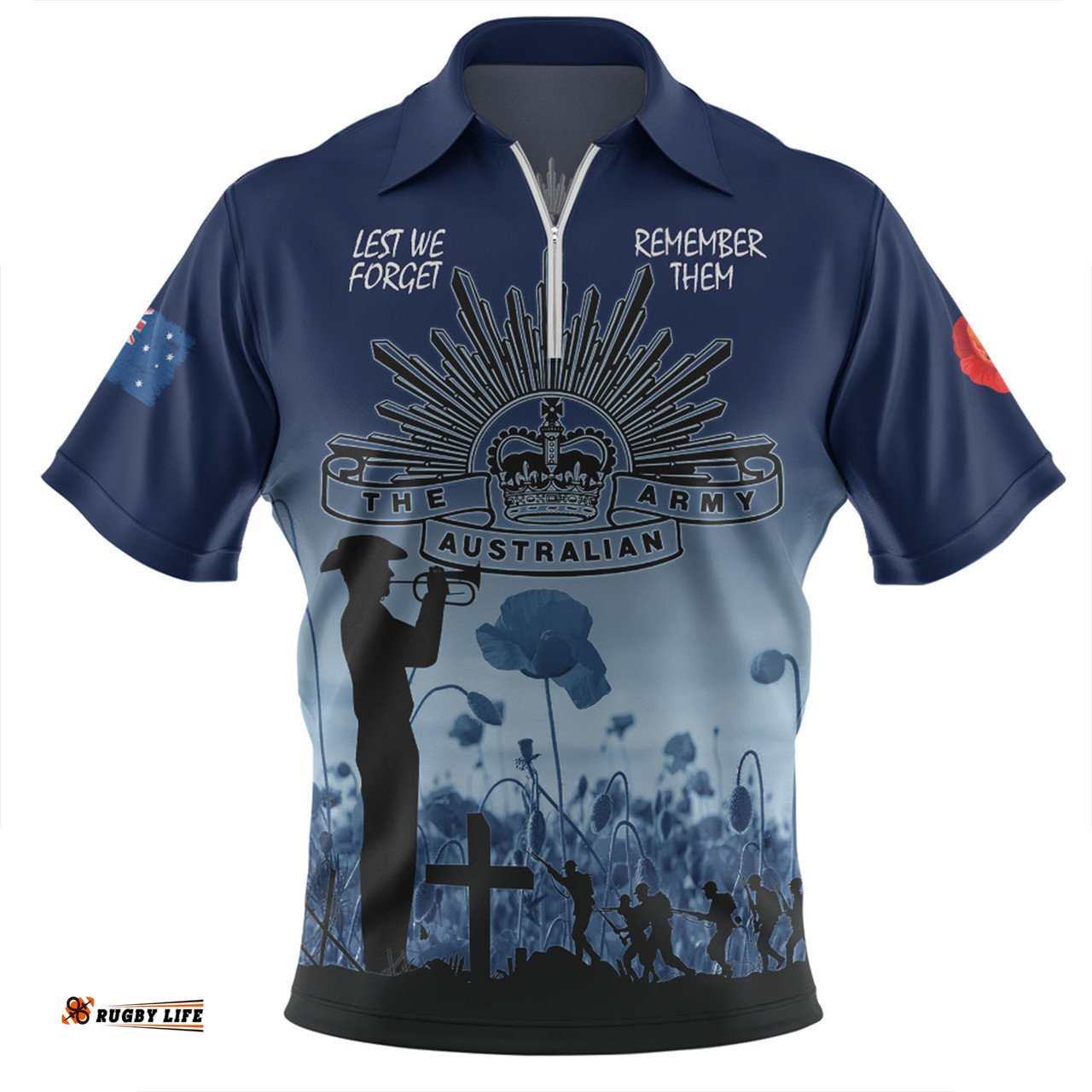 Australia Anzac Day Zip Polo Shirt - Lest We Forget Blue Zip Polo Shirt