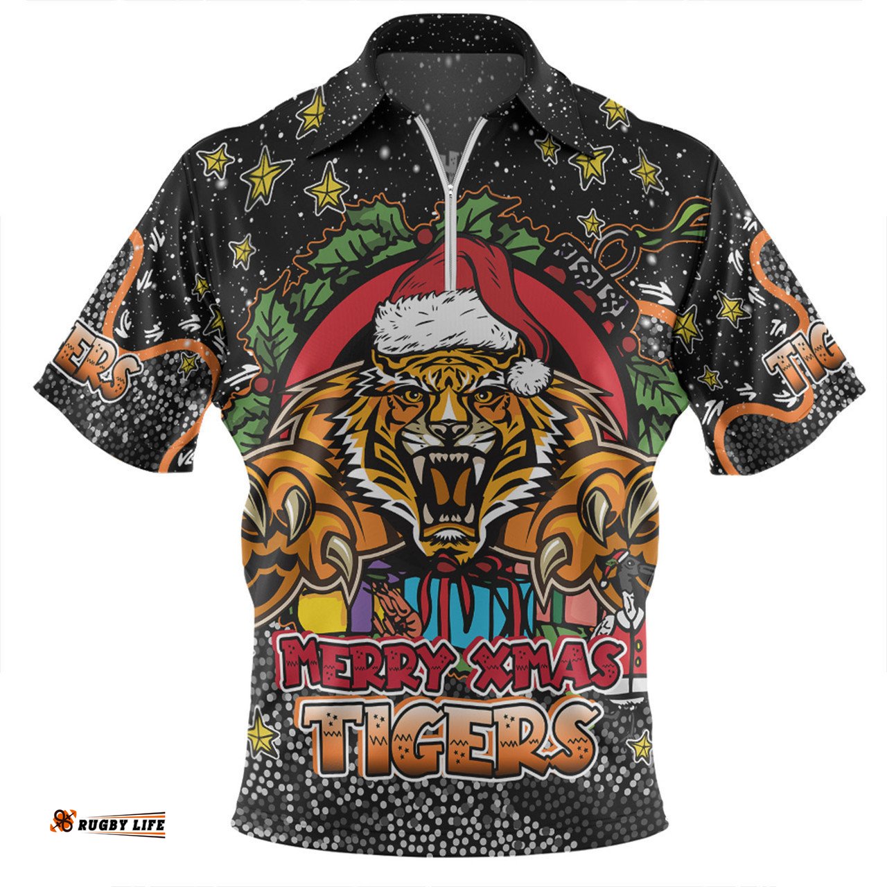 Wests Tigers Christmas Custom Zip Polo Shirt - Merry Christmas Our Beloved Team With Aboriginal Dot Art Pattern Zip Polo Shirt