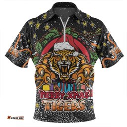 Wests Tigers Christmas Custom Zip Polo Shirt - Merry Christmas Our Beloved Team With Aboriginal Dot Art Pattern Zip Polo Shirt