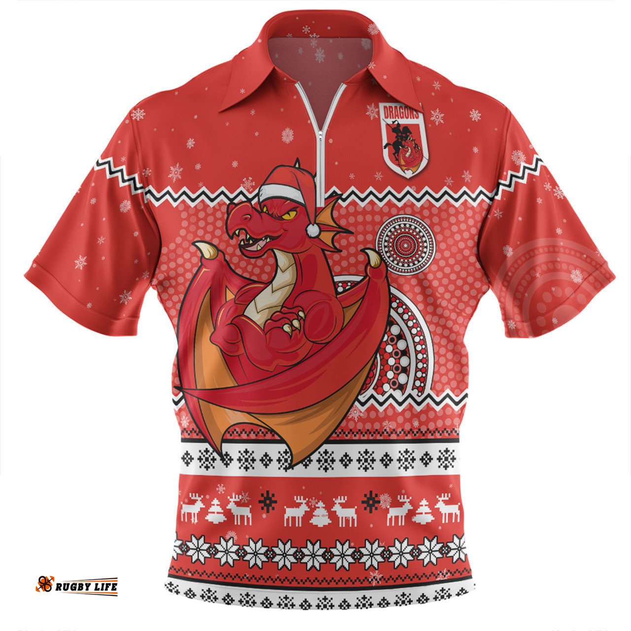 St. George Illawarra Dragons Christmas Custom Zip Polo Shirt - Ugly Xmas And Aboriginal Patterns For Die Hard Fan Zip Polo Shirt