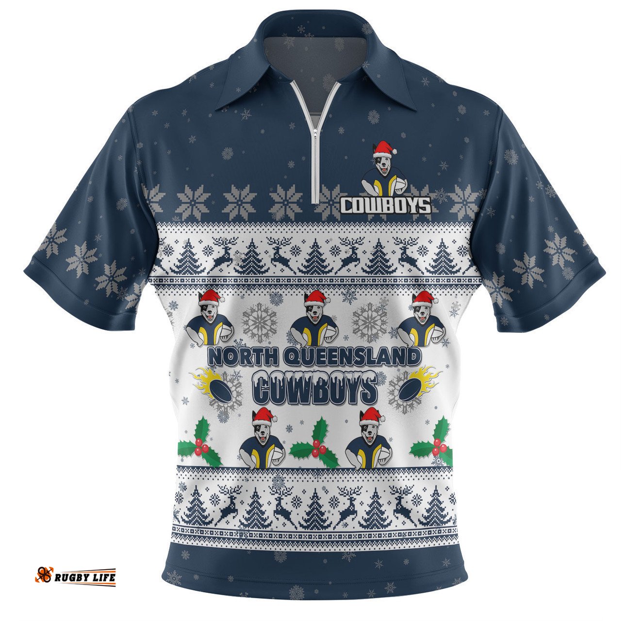 North Queensland Cowboys Christmas Custom Zip Polo Shirt - Special Ugly Christmas Zip Polo Shirt