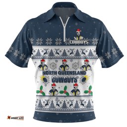 North Queensland Cowboys Christmas Custom Zip Polo Shirt - Special Ugly Christmas Zip Polo Shirt
