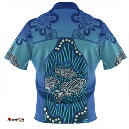Australia Aboriginal Custom Zip Polo Shirt - Blue Aboriginal Dot With Fish Zip Polo Shirt