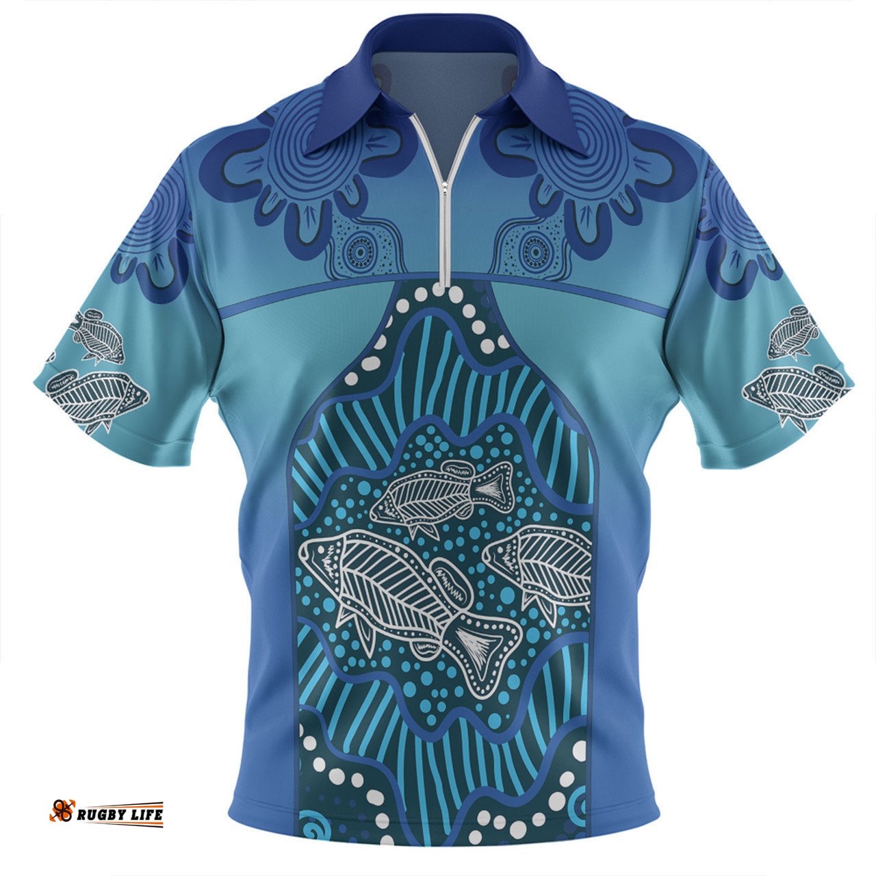 Australia Aboriginal Custom Zip Polo Shirt - Blue Aboriginal Dot With Fish Zip Polo Shirt