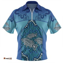 Australia Aboriginal Custom Zip Polo Shirt - Blue Aboriginal Dot With Fish Zip Polo Shirt