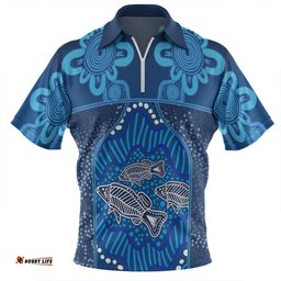 Australia Aboriginal Custom Zip Polo Shirt - Blue Aboriginal Dot With Fish Personalised Photo Zip Polo Shirt