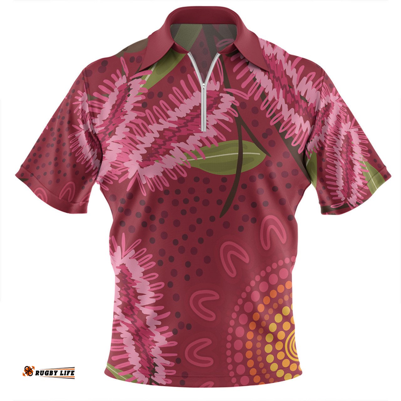 Australia Flowers Aboriginal Zip Polo Shirt - Pink Bottle Brush Flora In Indigenous Painting Zip Polo Shirt