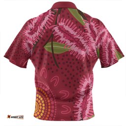Australia Flowers Aboriginal Zip Polo Shirt - Pink Bottle Brush Flora In Indigenous Painting Zip Polo Shirt