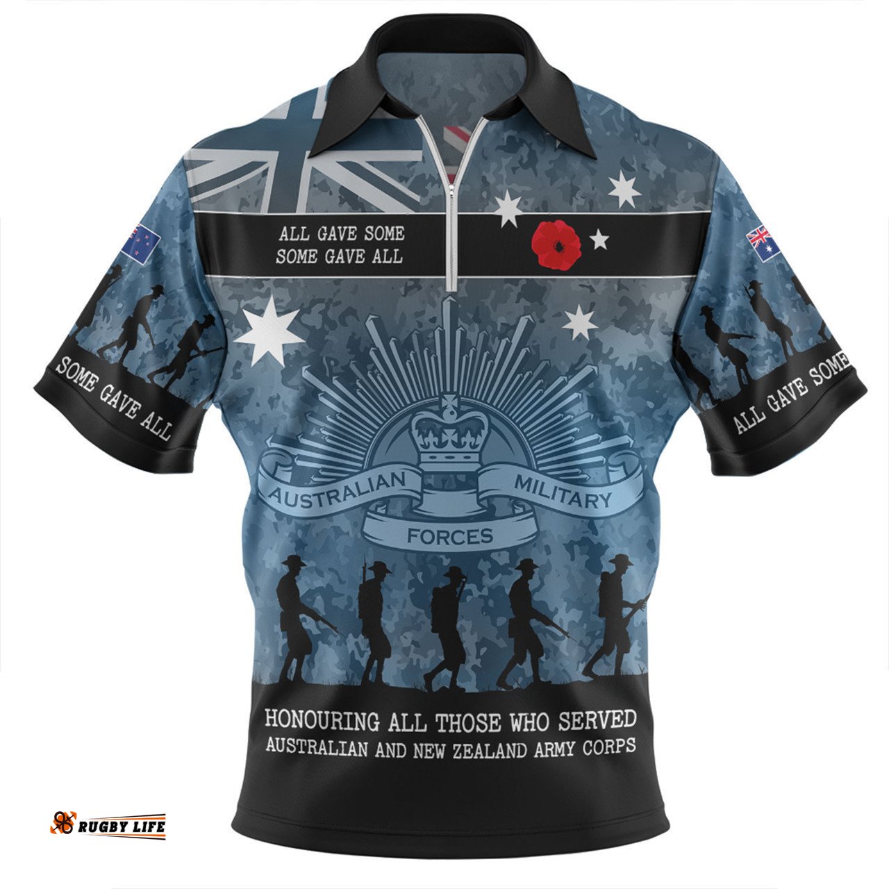 Australia Anzac Day Zip Polo Shirt - Australia and New Zealand Warriors All gave some Some Gave All Blue Zip Polo Shirt