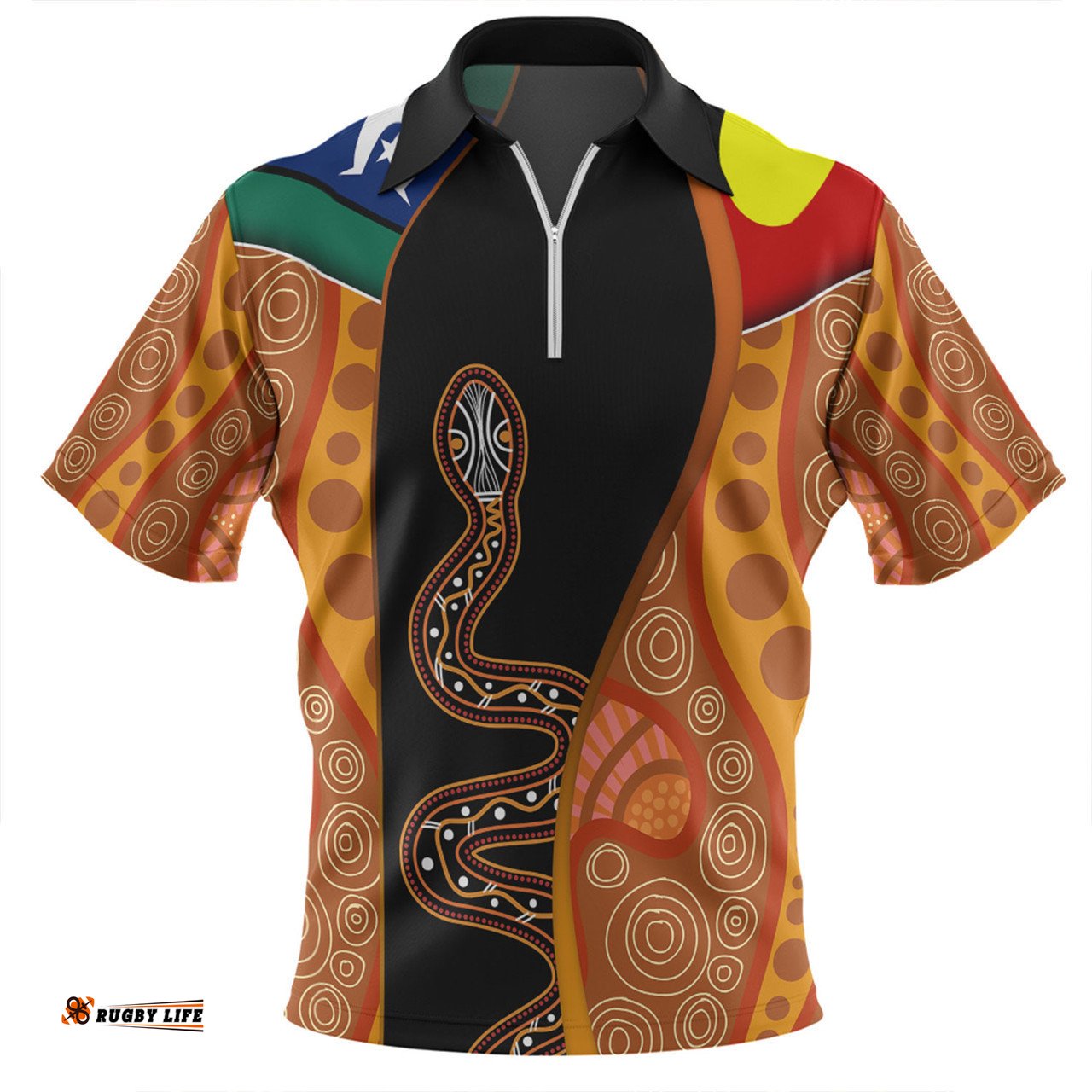 Australia Aboriginal Custom Zip Polo Shirt - Indigenous Rainbow Serpent Inspired Zip Polo Shirt