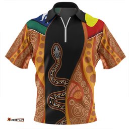 Australia Aboriginal Custom Zip Polo Shirt - Indigenous Rainbow Serpent Inspired Zip Polo Shirt