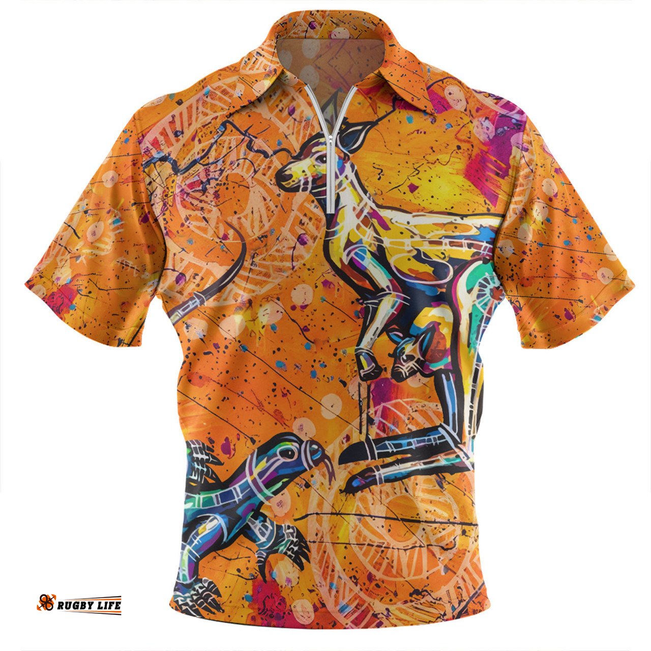 Australia Kangaroo Aboriginal Zip Polo Shirt - Australia Kangaroo And Goanna Zip Polo Shirt