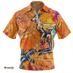 Australia Kangaroo Aboriginal Zip Polo Shirt - Australia Kangaroo And Goanna Zip Polo Shirt