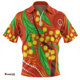 Australia Aboriginal Zip Polo Shirt - Aboriginal Dot Art Of Australian Yellow Wattle Painting Zip Polo Shirt