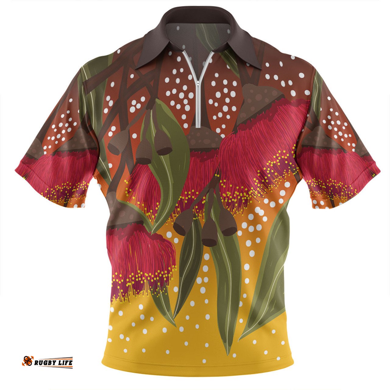 Australia Aboriginal Zip Polo Shirt - Red Eucalyptus Aboriginal Dot Art Zip Polo Shirt