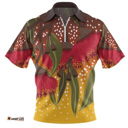 Australia Aboriginal Zip Polo Shirt - Red Eucalyptus Aboriginal Dot Art Zip Polo Shirt