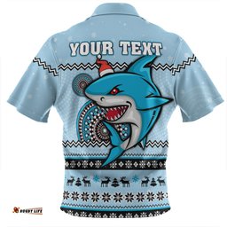Cronulla-Sutherland Sharks Christmas Custom Zip Polo Shirt - Ugly Xmas And Aboriginal Patterns For Die Hard Fan Zip Polo Shirt