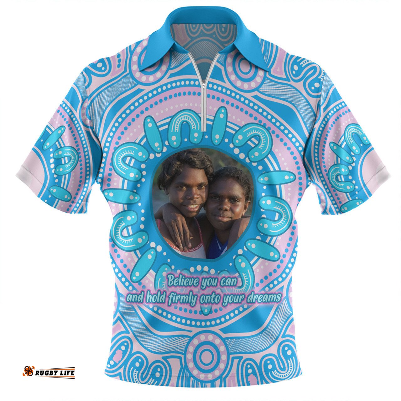 Australia Aboriginal Custom Zip Polo Shirt - Believe You Can And Hold Firmly Onto Your Dreams Personalised Photo (Blue) Zip Polo Shirt