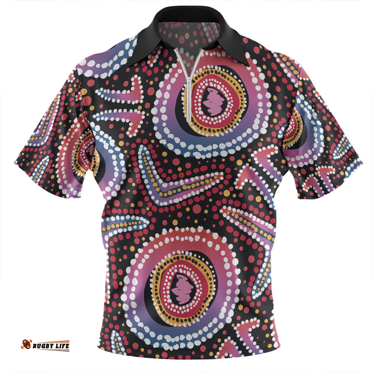 Australia Dot Painting Inspired Aboriginal Zip Polo Shirt - Boomerang From Aboriginal Art Zip Polo Shirt