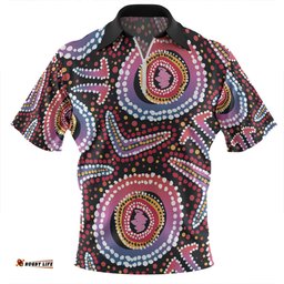 Australia Dot Painting Inspired Aboriginal Zip Polo Shirt - Boomerang From Aboriginal Art Zip Polo Shirt