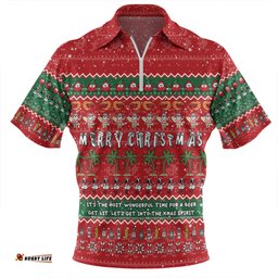 Australia Christmas Custom Zip Polo Shirt - Aussie Ugly Christmas Let's Get Lit Zip Polo Shirt