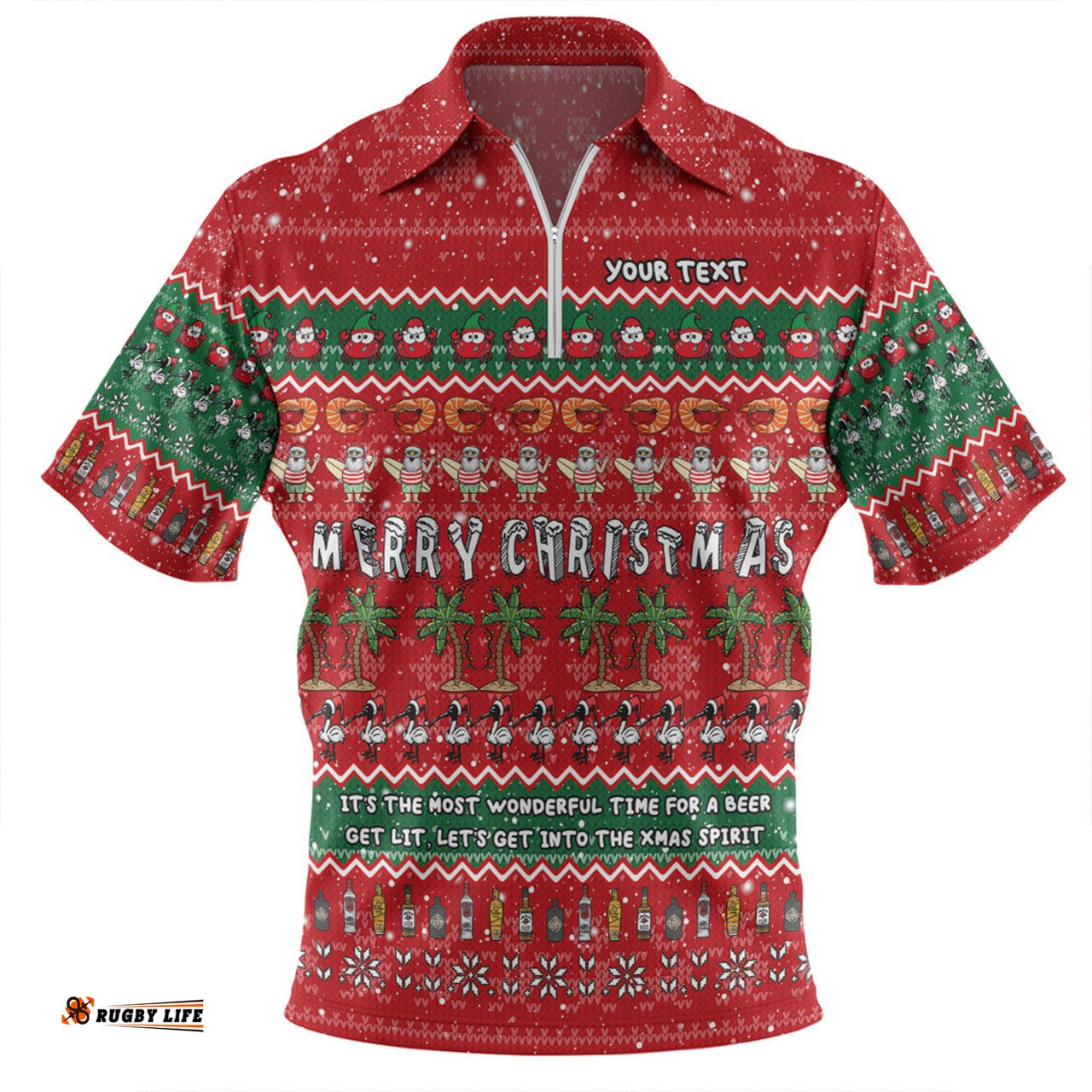 Australia Christmas Custom Zip Polo Shirt - Aussie Ugly Christmas Let's Get Lit Zip Polo Shirt