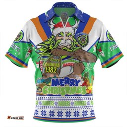 Canberra Raiders Christmas Custom Zip Polo Shirt - Canberra Viking Santa Aussie Big Things Zip Polo Shirt