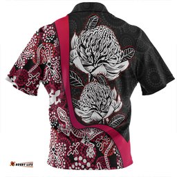 Australia  Warratah Goanna Aboriginal Zip Polo Shirt - Waratah Flowers With Red Lizards, Stones, Sand Dot Art Painting Inspired Zip Polo Shirt