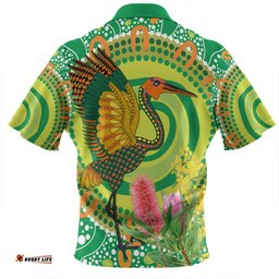 Australia Aboriginal Zip Polo Shirt - Brolga Bird Dancing With Australia Native Flowers V2 Zip Polo Shirt