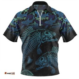 Australia Fishing Custom Zip Polo Shirt - Fish Reaper Fish Skeleton Blue Zip Polo Shirt