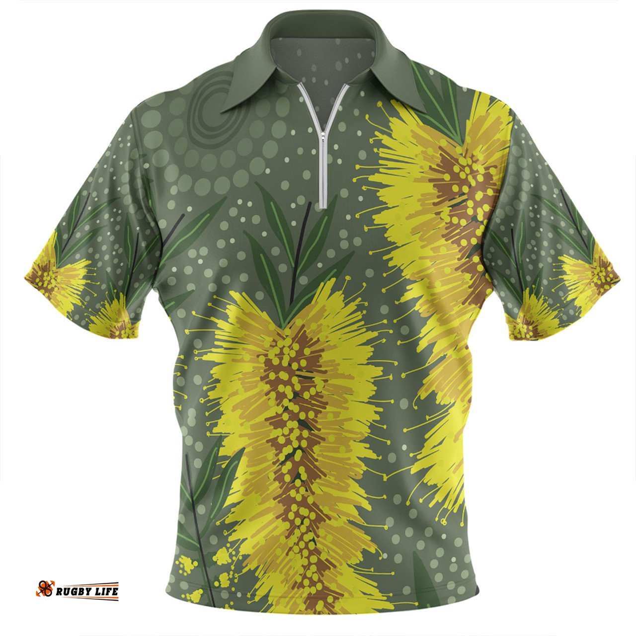 Australia Aboriginal Zip Polo Shirt - Yellow Bottle Brush Flora In Aboriginal Painting Zip Polo Shirt