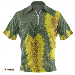 Australia Aboriginal Zip Polo Shirt - Yellow Bottle Brush Flora In Aboriginal Painting Zip Polo Shirt