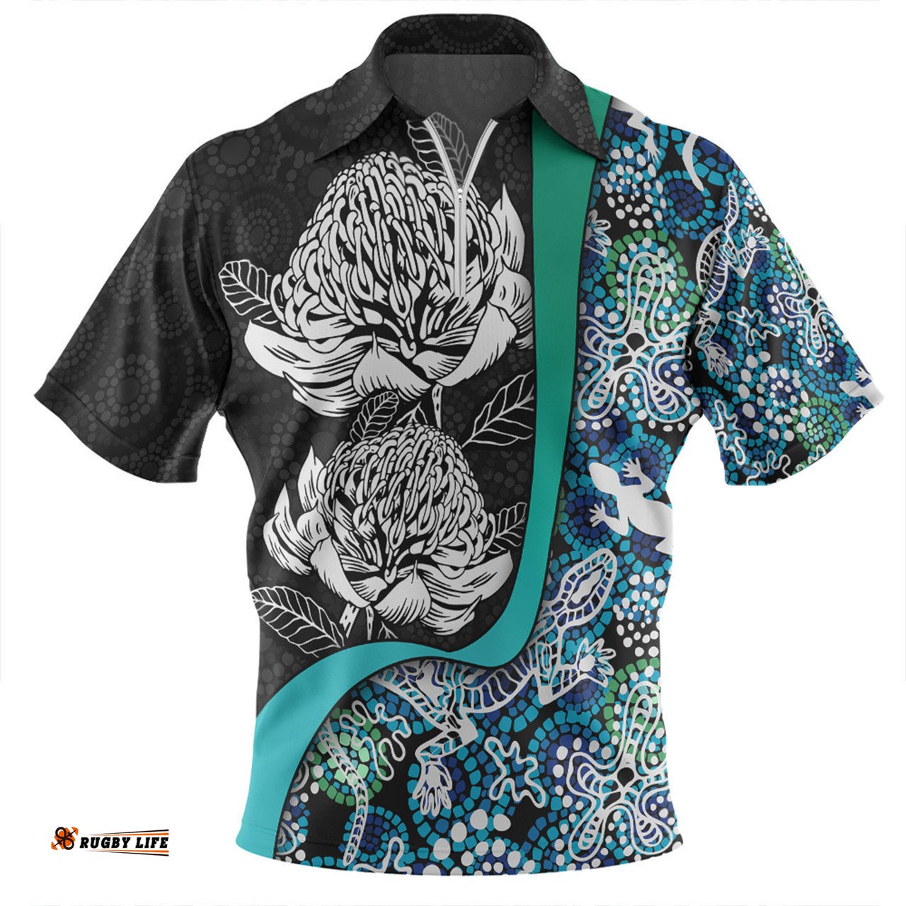 Australia  Warratah Goanna Aboriginal Zip Polo Shirt - Waratah Flowers With Blue Lizards, Stones, Sand Dot Art Painting Inspired Zip Polo Shirt