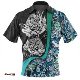 Australia  Warratah Goanna Aboriginal Zip Polo Shirt - Waratah Flowers With Blue Lizards, Stones, Sand Dot Art Painting Inspired Zip Polo Shirt