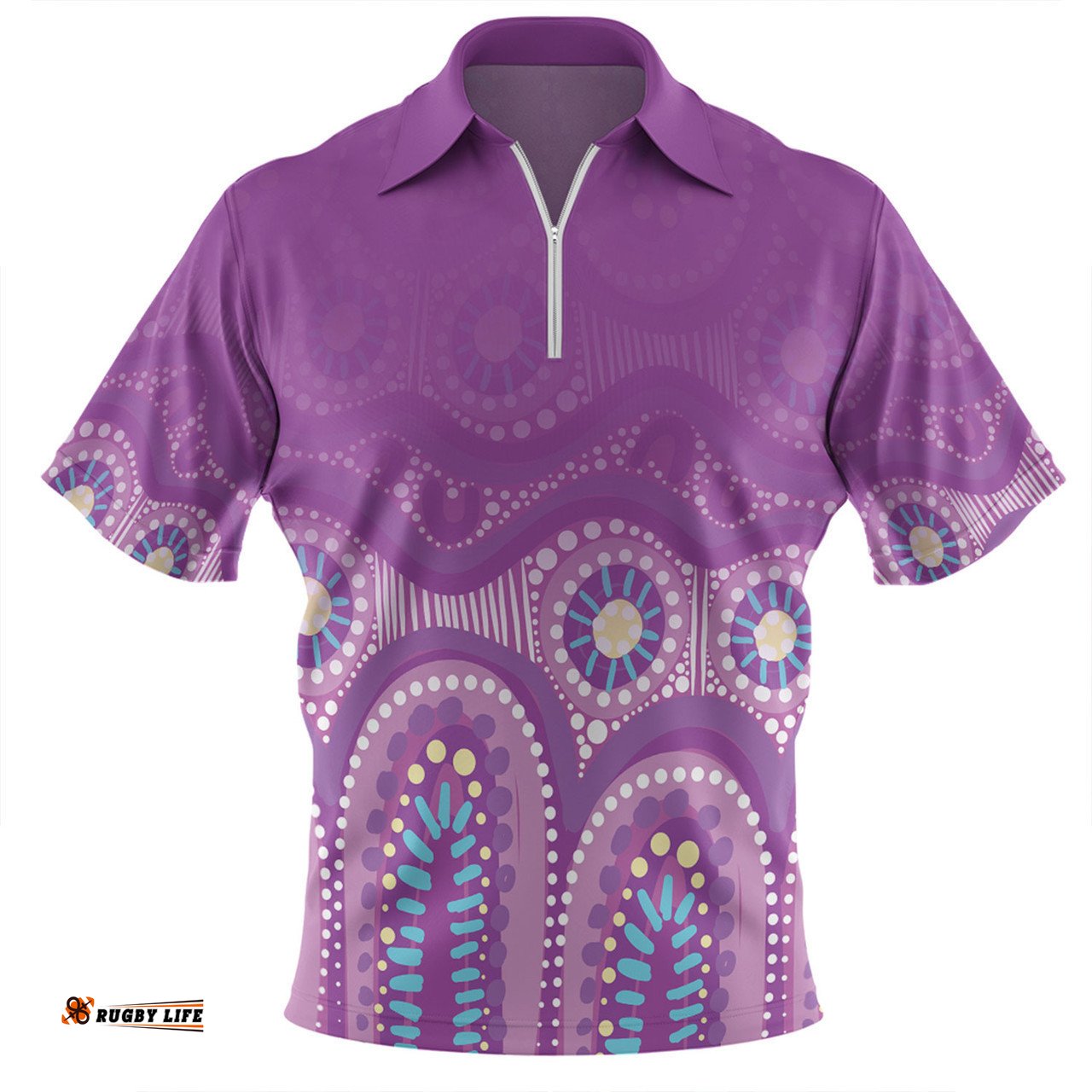 Australia Aboriginal Custom Zip Polo Shirt - Purple Aboriginal Dot Zip Polo Shirt
