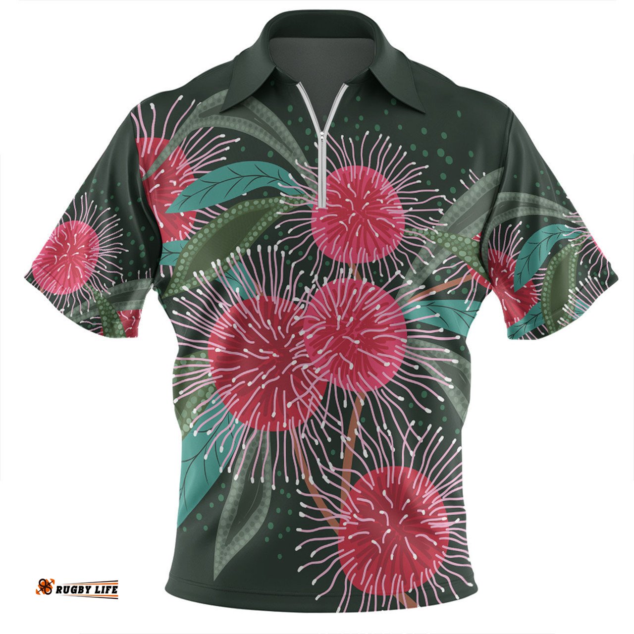 Australia Aboriginal Zip Polo Shirt - Australian Hakea Flowers Painting In Aboriginal Style Zip Polo Shirt