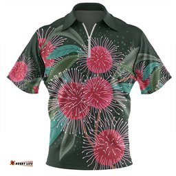 Australia Aboriginal Zip Polo Shirt - Australian Hakea Flowers Painting In Aboriginal Style Zip Polo Shirt