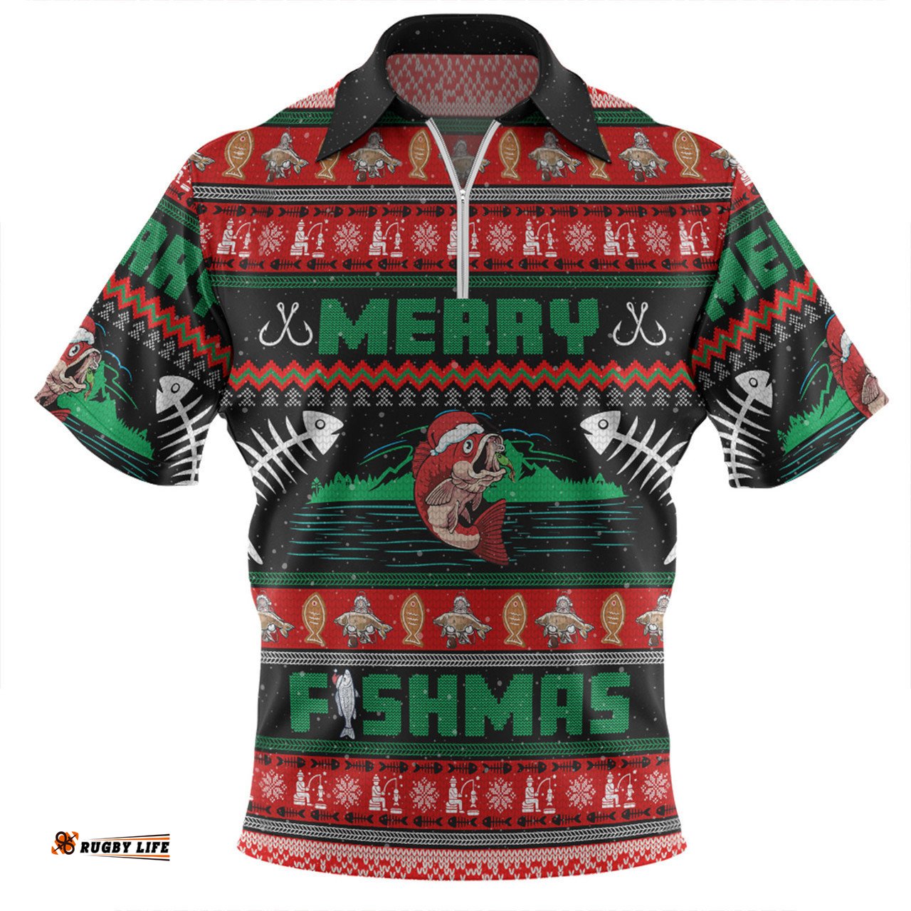 Australia Christmas Fishing Custom Zip Polo Shirt - Merry Ugly Fishmas Zip Polo Shirt