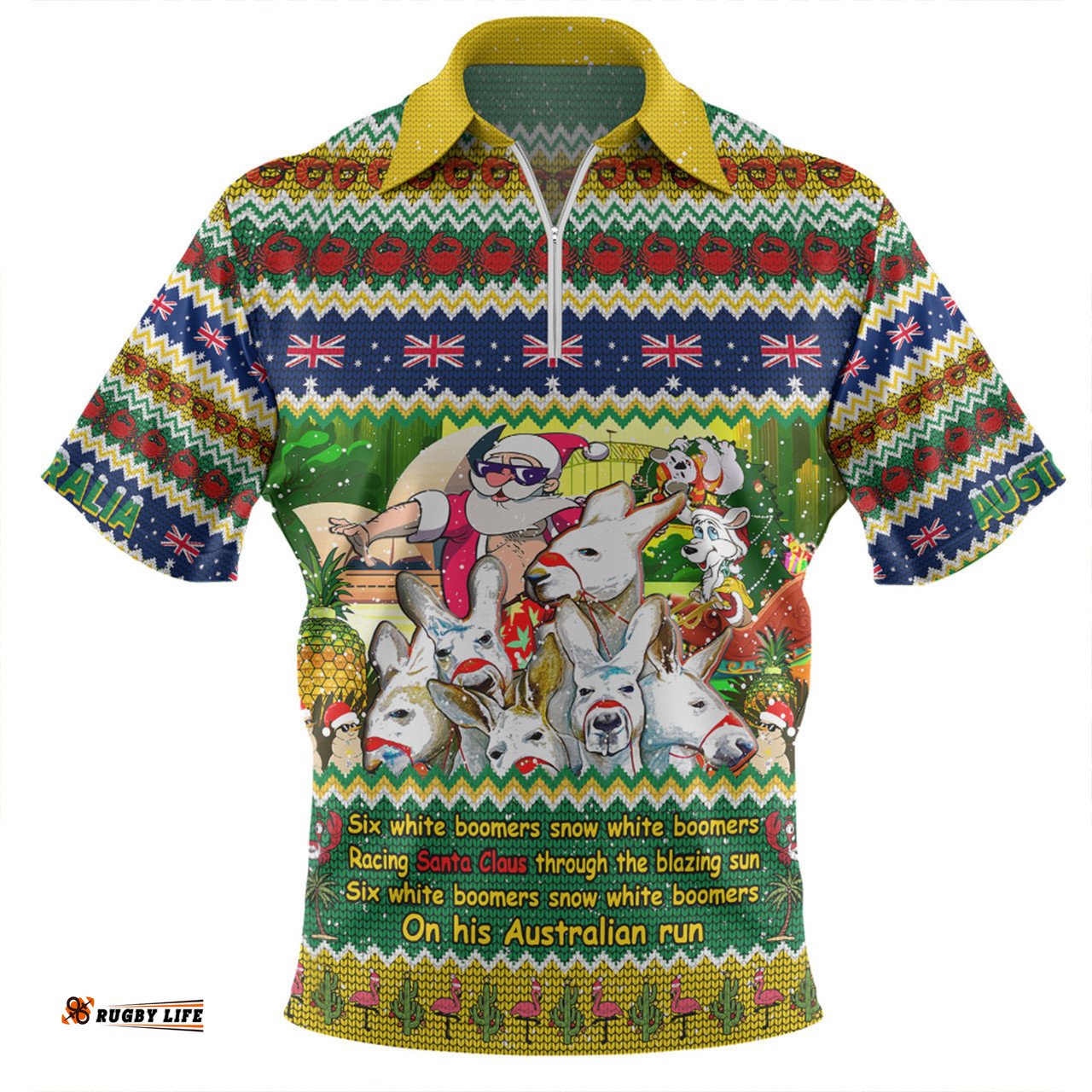 Australia Christmas Custom Zip Polo Shirt - Six White Boomers Zip Polo Shirt