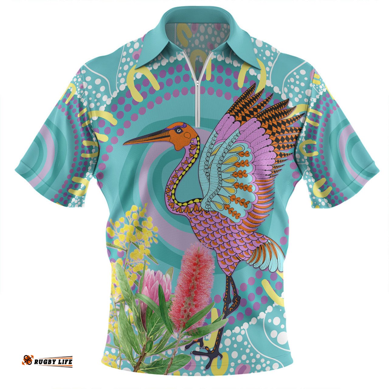 Australia Aboriginal Zip Polo Shirt - Brolga Bird Dancing With Australia Native Flowers V3 Zip Polo Shirt