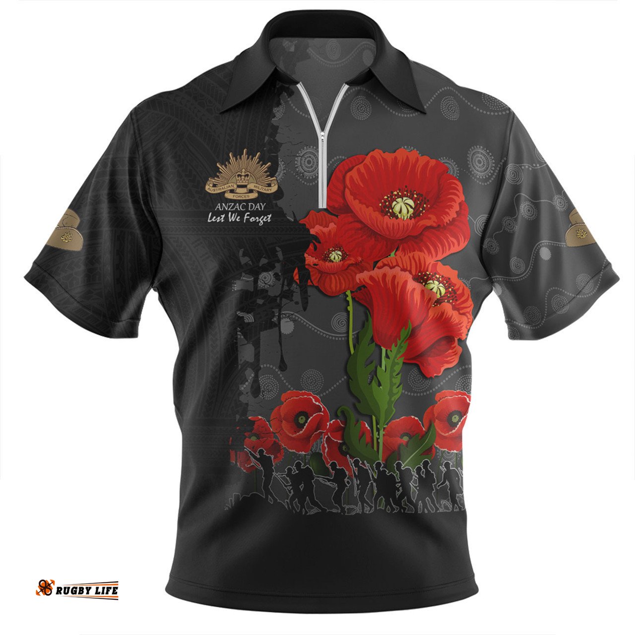 Australia Anzac Day Custom Zip Polo Shirt - Australian And New Zealand Warriorsers In Flanders Fields Poppy Flowers V2 Zip Polo Shirt