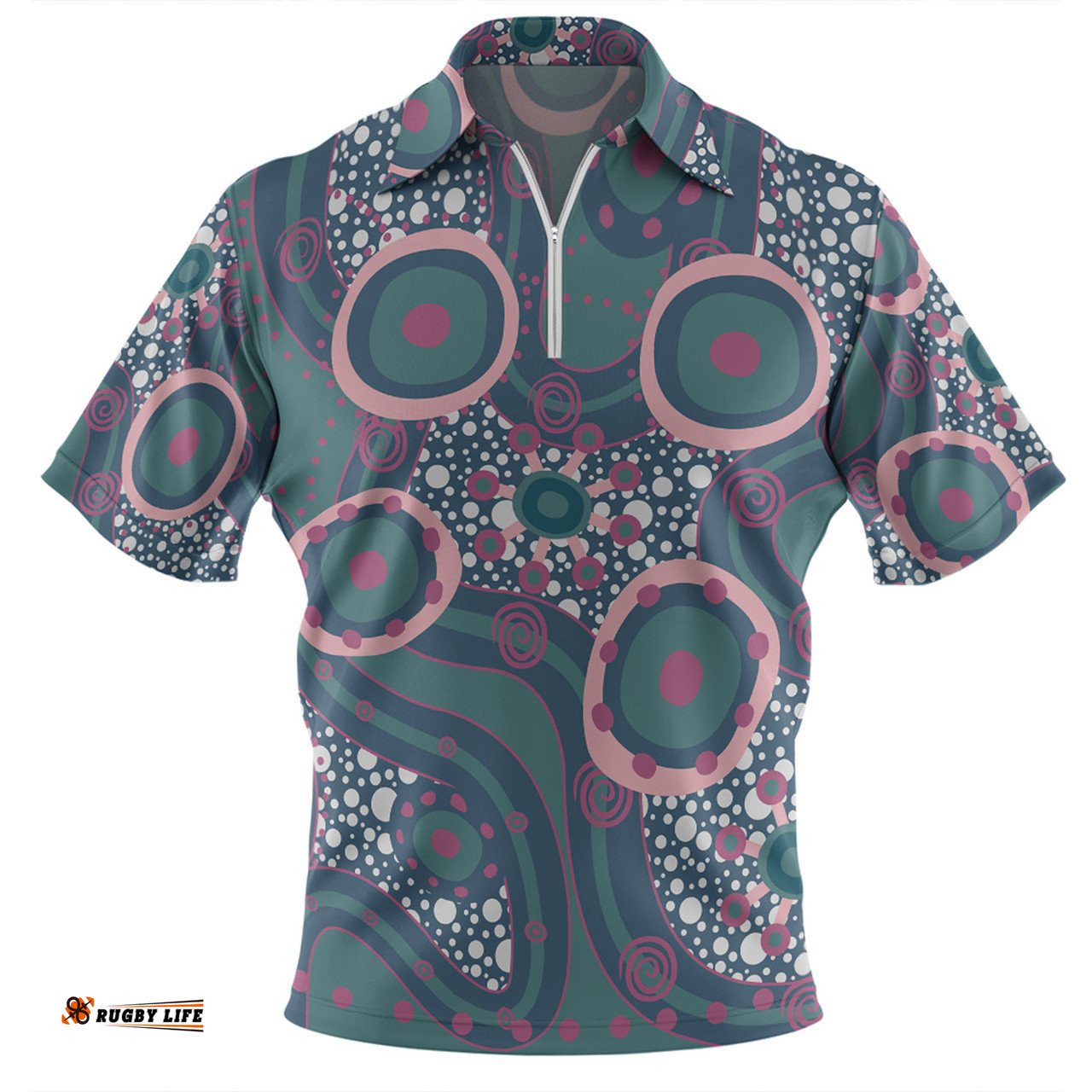 Australia Aboriginal Zip Polo Shirt - Green Aboriginal Dot Art Inspired Zip Polo Shirt