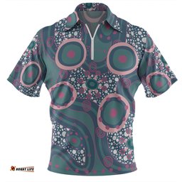 Australia Aboriginal Zip Polo Shirt - Green Aboriginal Dot Art Inspired Zip Polo Shirt