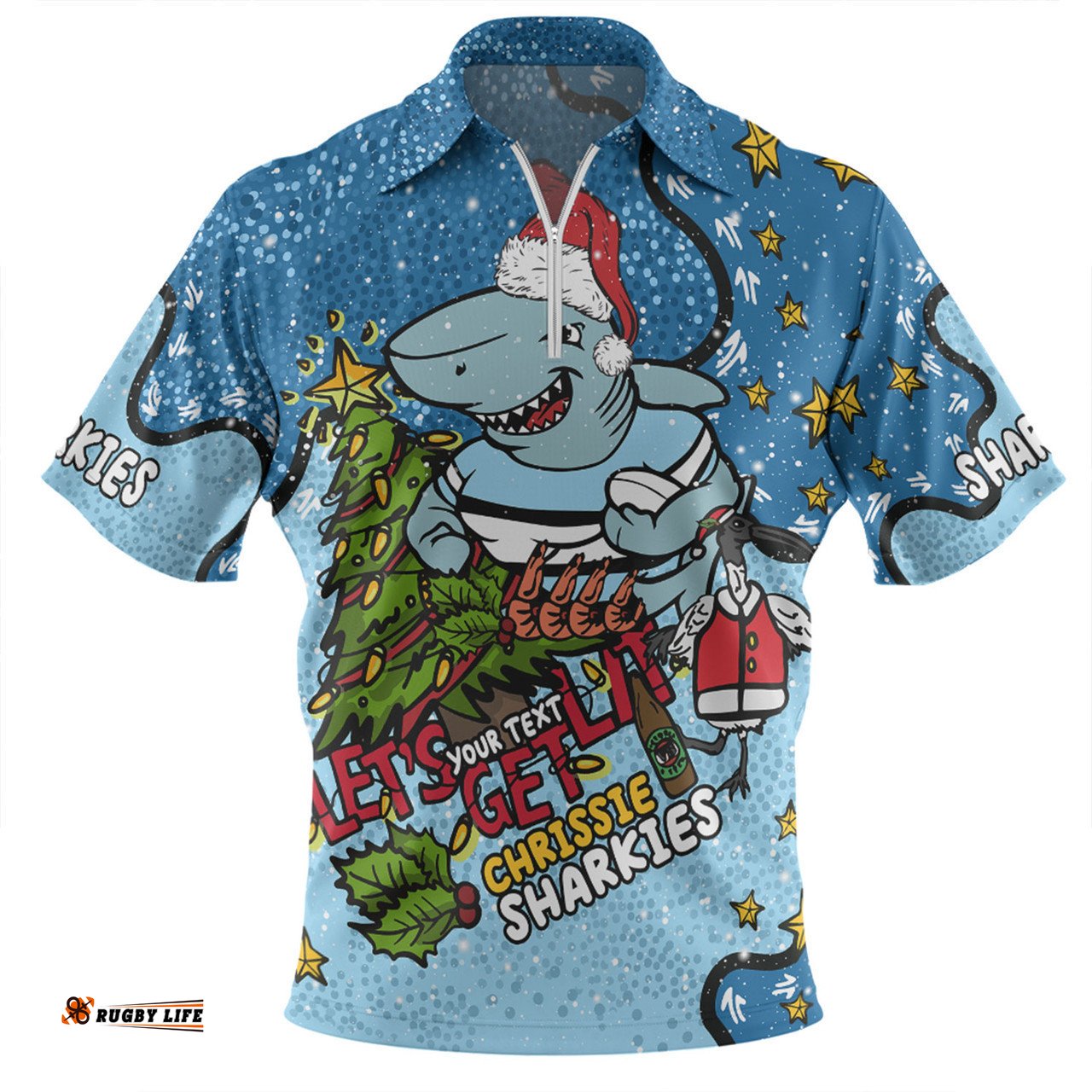 Cronulla-Sutherland Sharks Christmas Custom Zip Polo Shirt - Let's Get Lit Chrisse Pressie Zip Polo Shirt