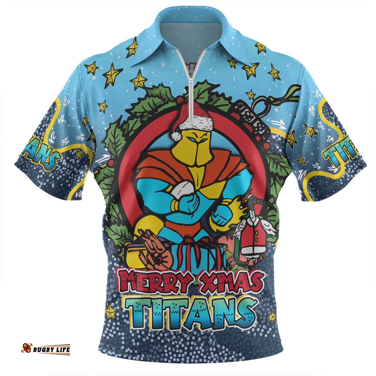 Gold Coast Titans Christmas Custom Zip Polo Shirt - Merry Christmas Our Beloved Team With Aboriginal Dot Art Pattern Zip Polo Shirt