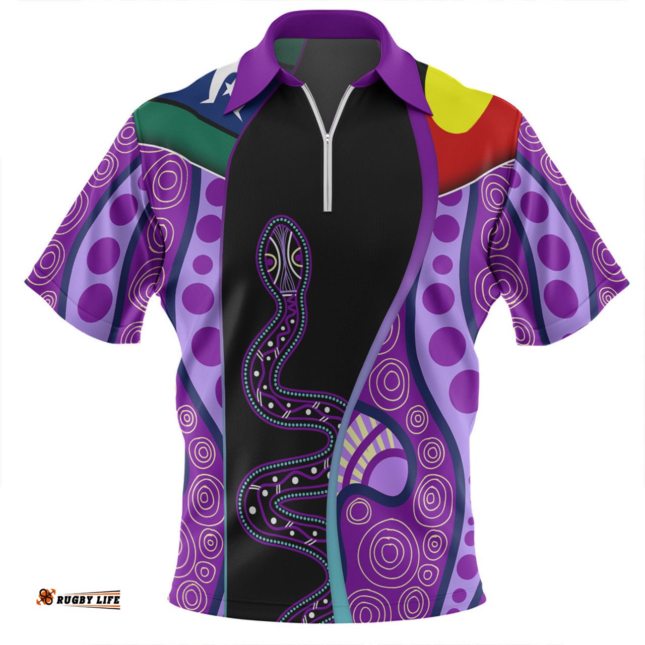 Australia Aboriginal Custom Zip Polo Shirt - Purple Indigenous Rainbow Serpent Inspired Zip Polo Shirt