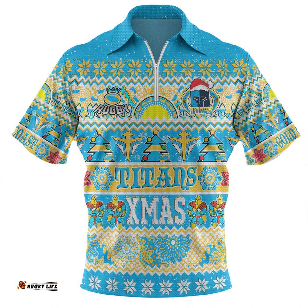 Gold Coast Titans Christmas Aboriginal Custom Zip Polo Shirt - Indigenous Knitted Ugly Xmas Style Zip Polo Shirt